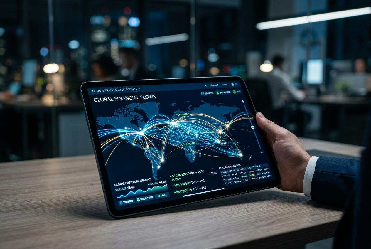 High-tech visualization of digital currency flowing through a network